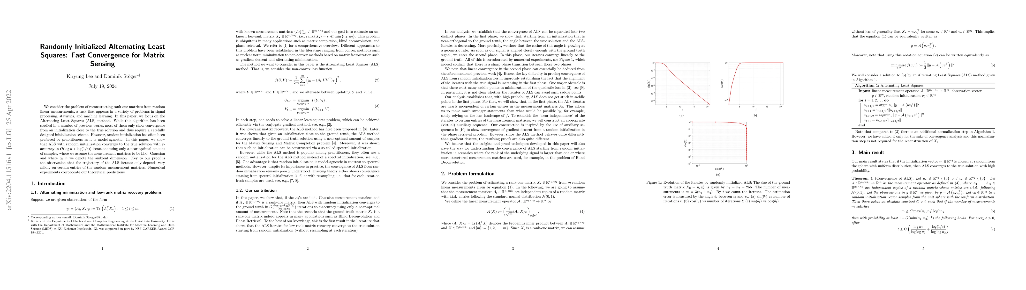 Thumbnail for Randomly Initialized Alternating Least Squares: Fast Convergence for
  Matrix Sensing