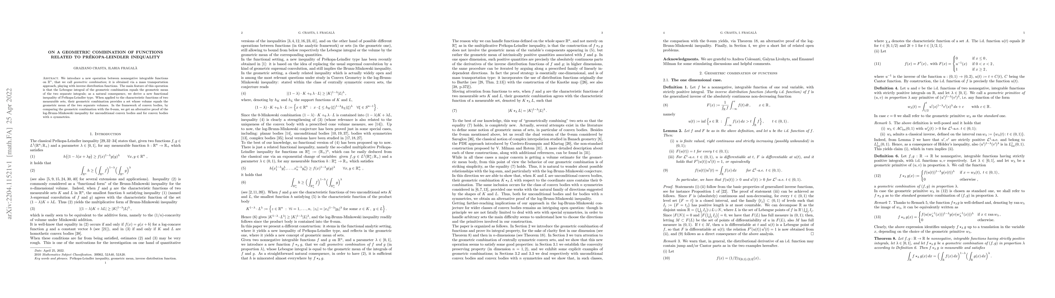 Thumbnail for On a geometric combination of functions related to Pr\'ekopa-Leindler
  inequality