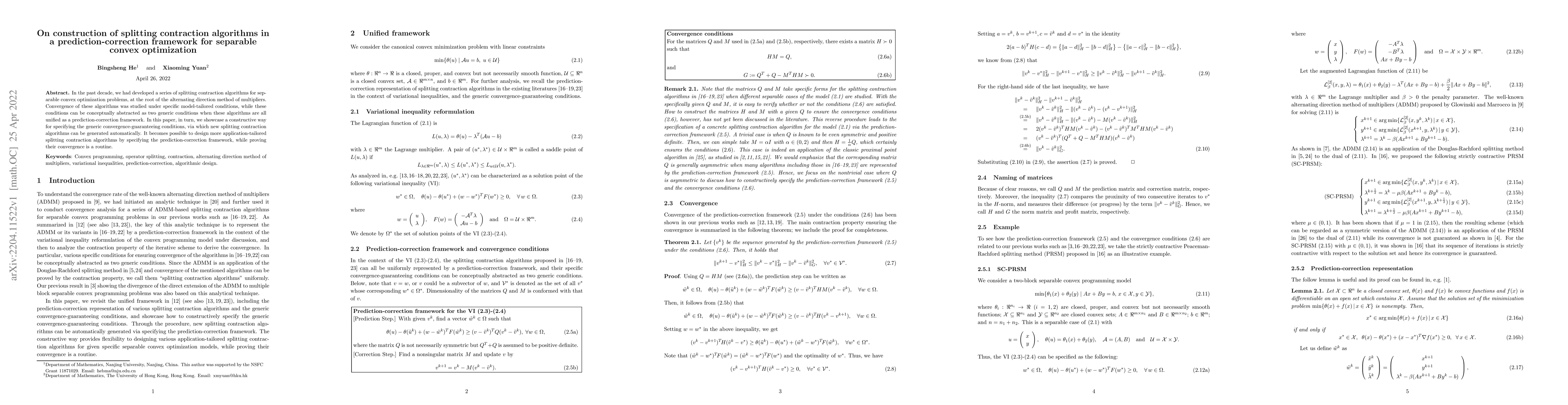 Thumbnail for On construction of splitting contraction algorithms in a
  prediction-correction framework for separable convex optimization