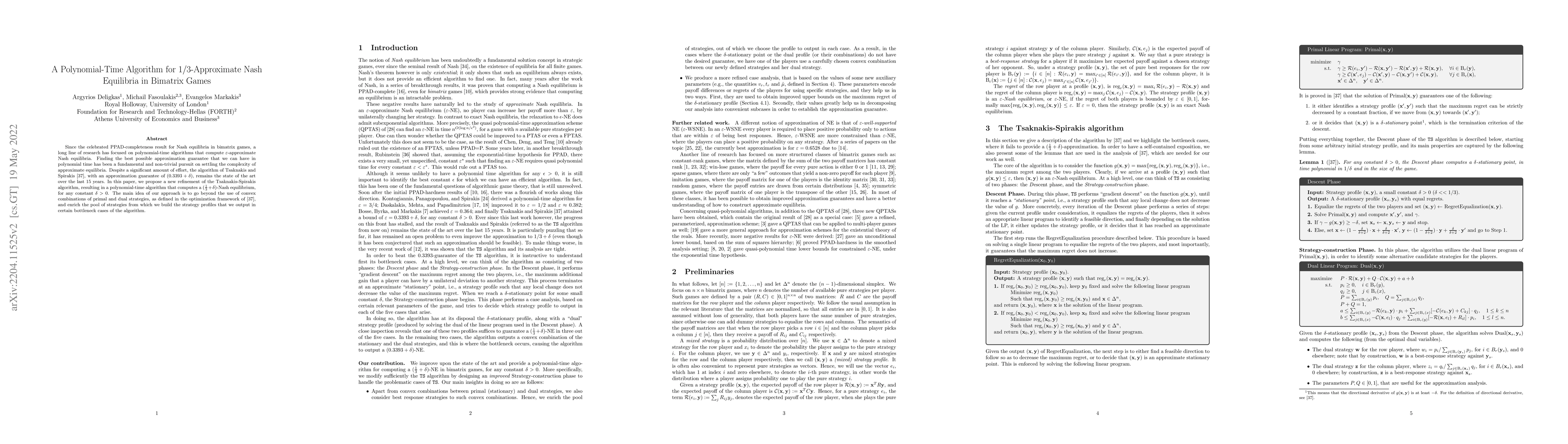 Thumbnail for A Polynomial-Time Algorithm for 1/3-Approximate Nash Equilibria in
  Bimatrix Games