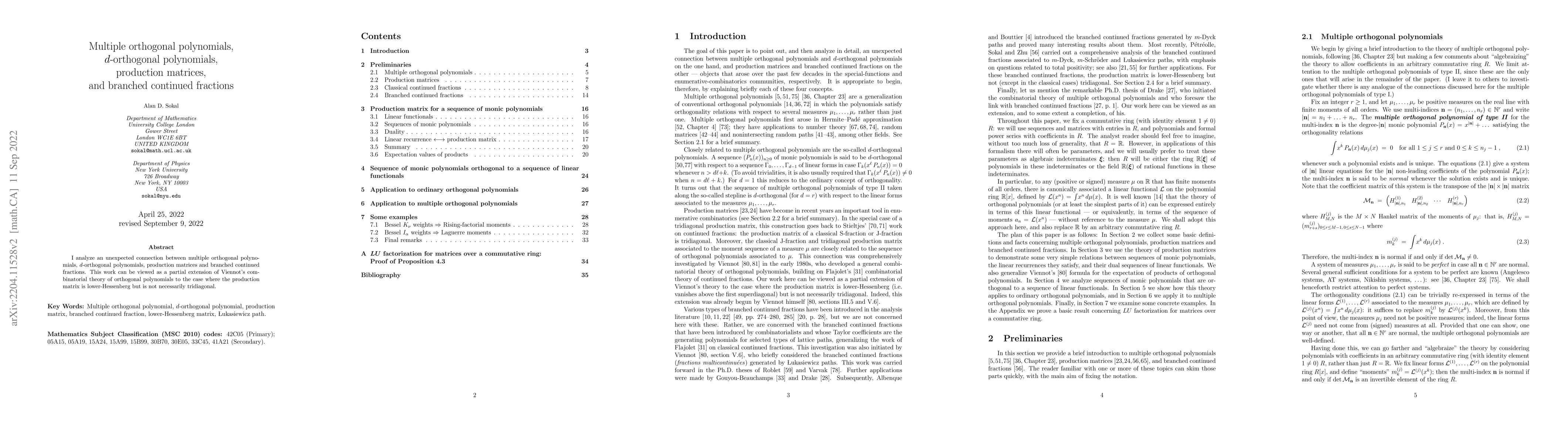 Thumbnail for Multiple orthogonal polynomials, $d$-orthogonal polynomials, production
  matrices, and branched continued fractions
