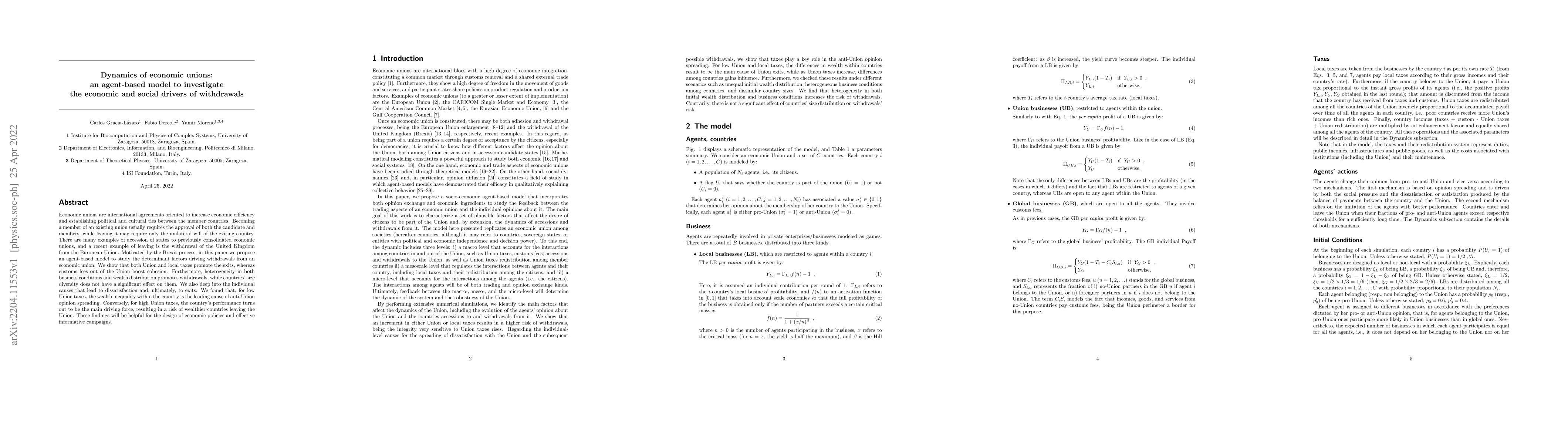 Thumbnail for Dynamics of economic unions: an agent-based model to investigate the
  economic and social drivers of withdrawals