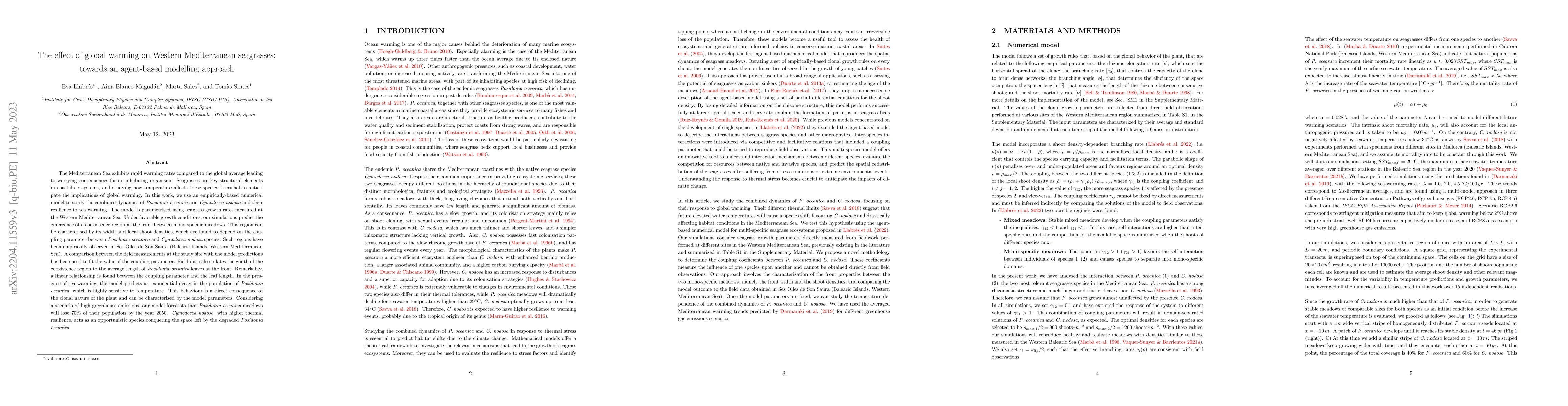 Thumbnail for The effect of global warming on Western Mediterranean seagrasses:
  towards an agent-based modelling approach