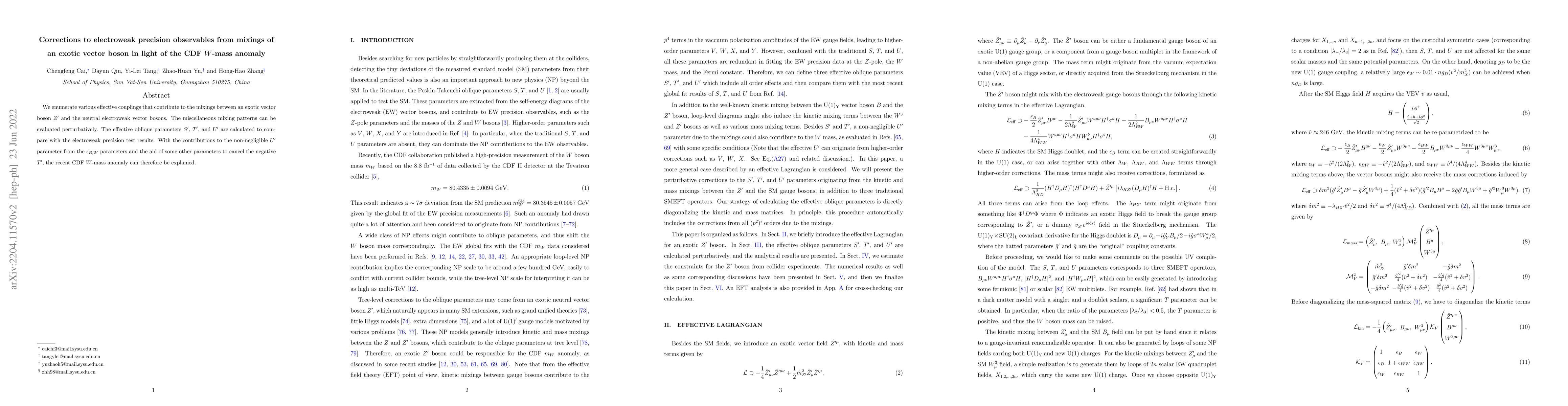 Thumbnail for Corrections to electroweak precision observables from mixings of an
  exotic vector boson in light of the CDF $W$-mass anomaly