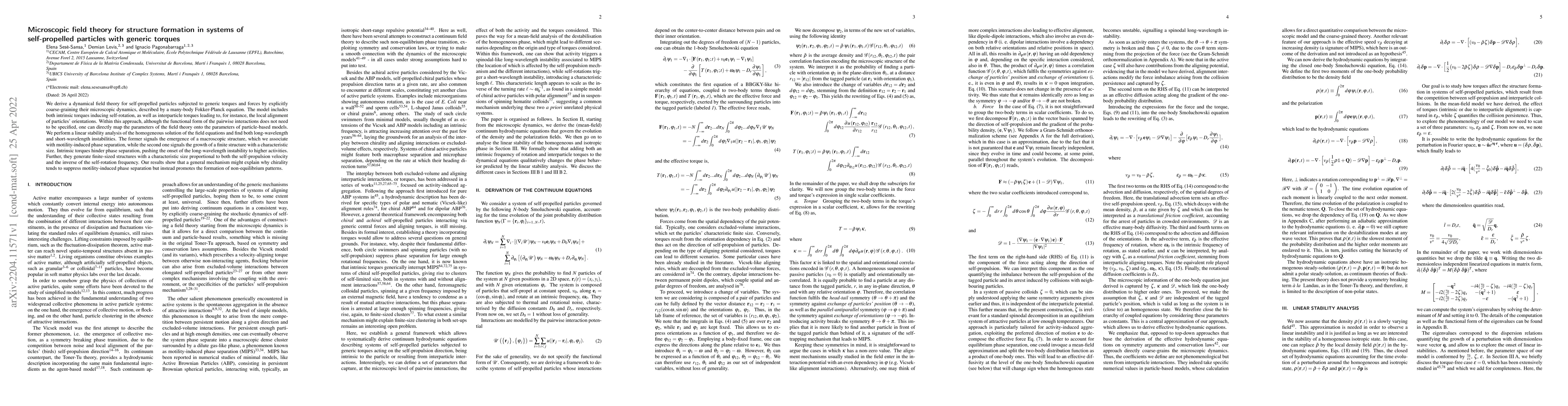 Thumbnail for Microscopic field theory for structure formation in systems of
  self-propelled particles with generic torques