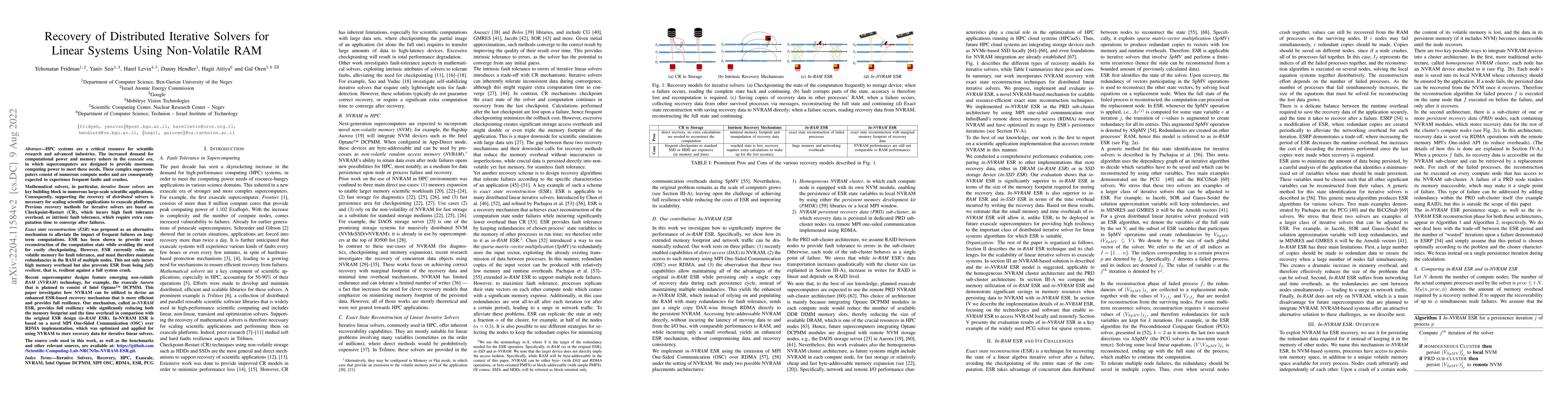 Thumbnail for Recovery of Distributed Iterative Solvers for Linear Systems Using
  Non-Volatile RAM
