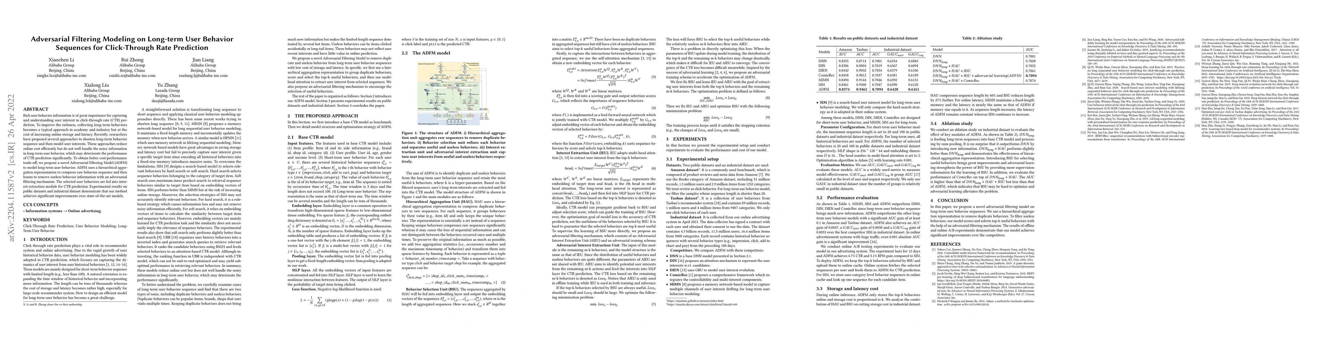 Thumbnail for Adversarial Filtering Modeling on Long-term User Behavior Sequences for
  Click-Through Rate Prediction
