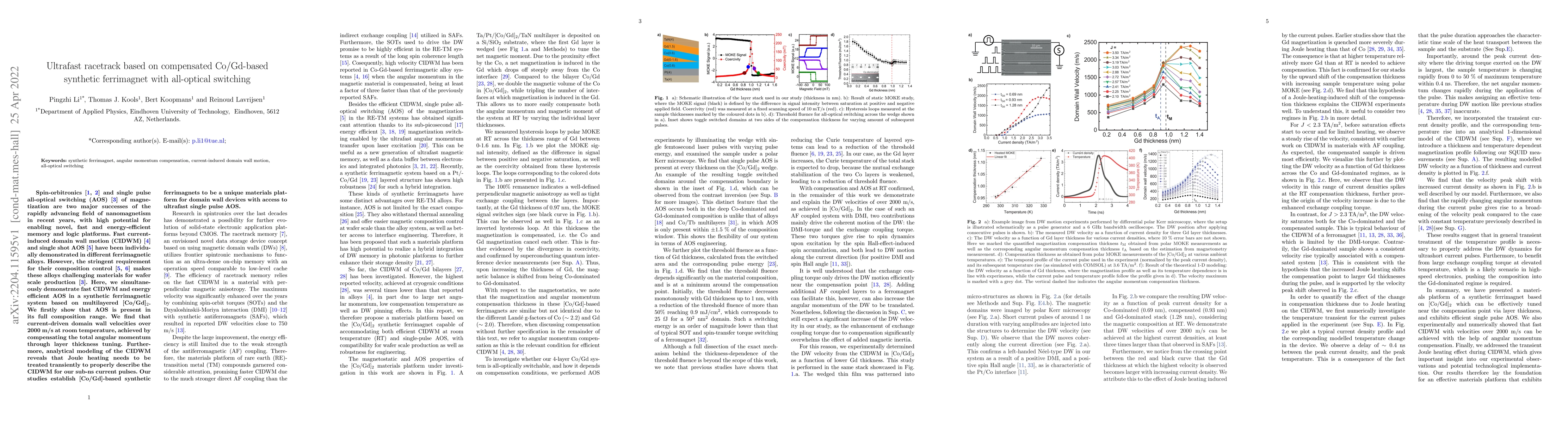 Thumbnail for Ultrafast racetrack based on compensated Co/Gd-based synthetic
  ferrimagnet with all-optical switching
