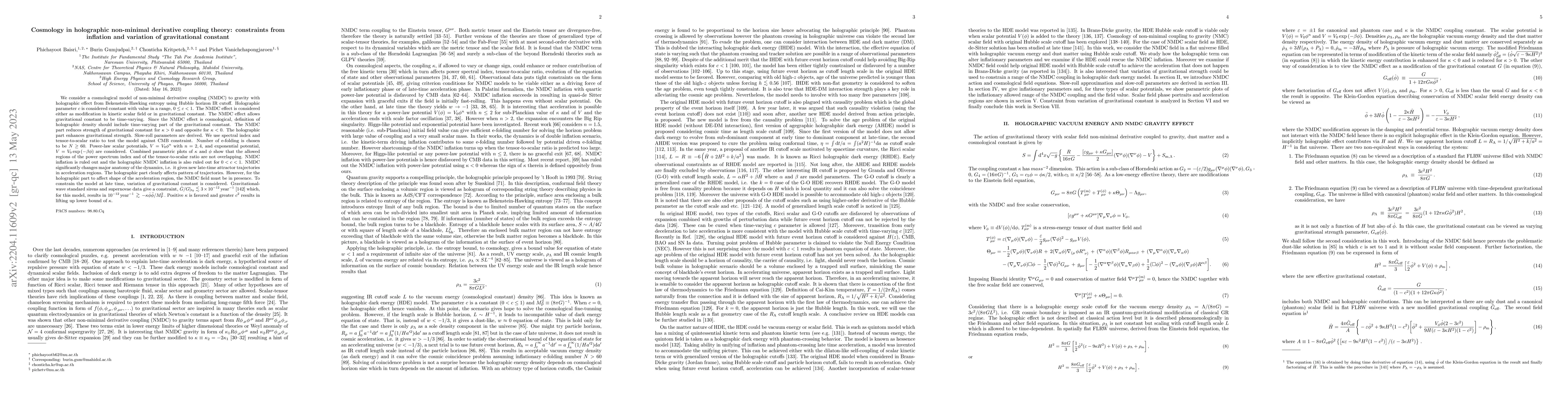 Thumbnail for Cosmology in holographic non-minimal derivative coupling theory:
  constraints from inflation and variation of gravitational constant