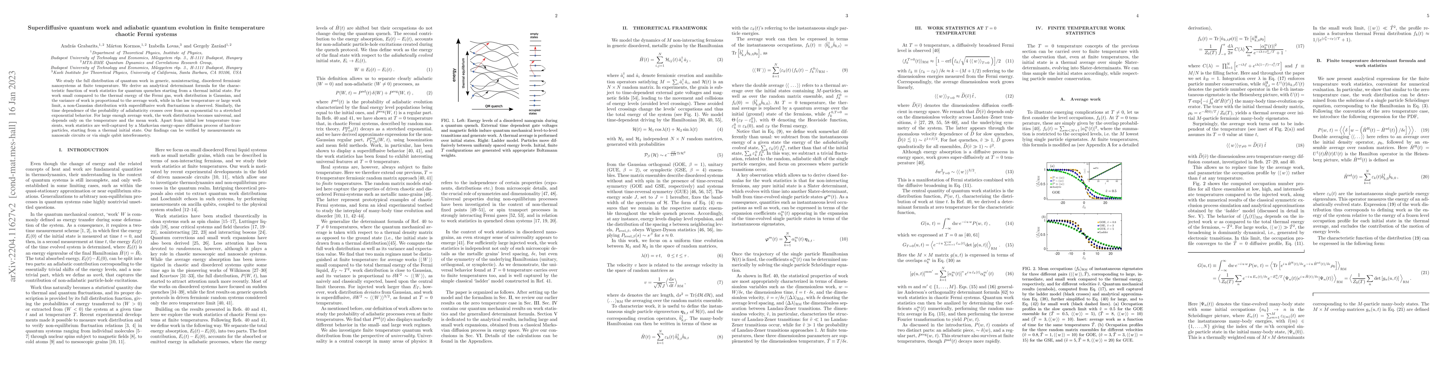 Thumbnail for Superdiffusive quantum work and adiabatic quantum evolution in finite
  temperature chaotic Fermi systems