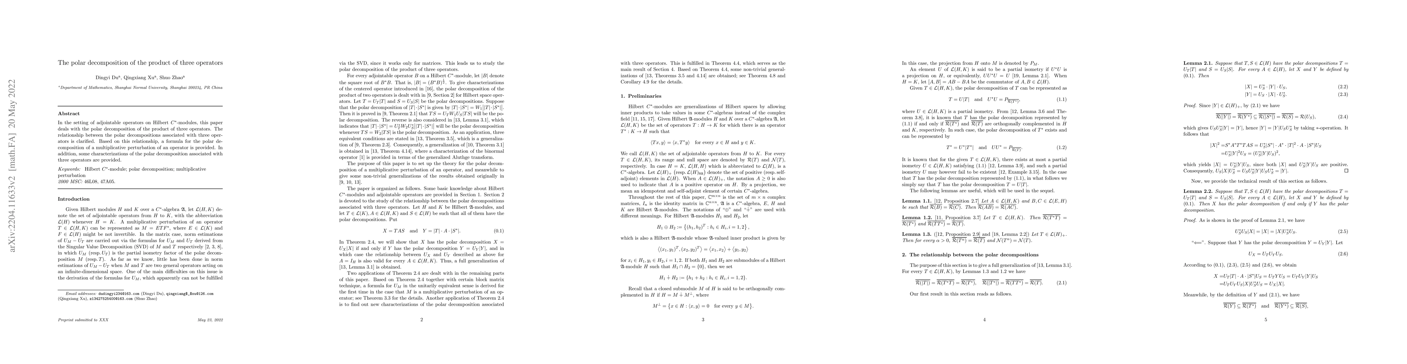 Thumbnail for The polar decomposition of the product of three operators