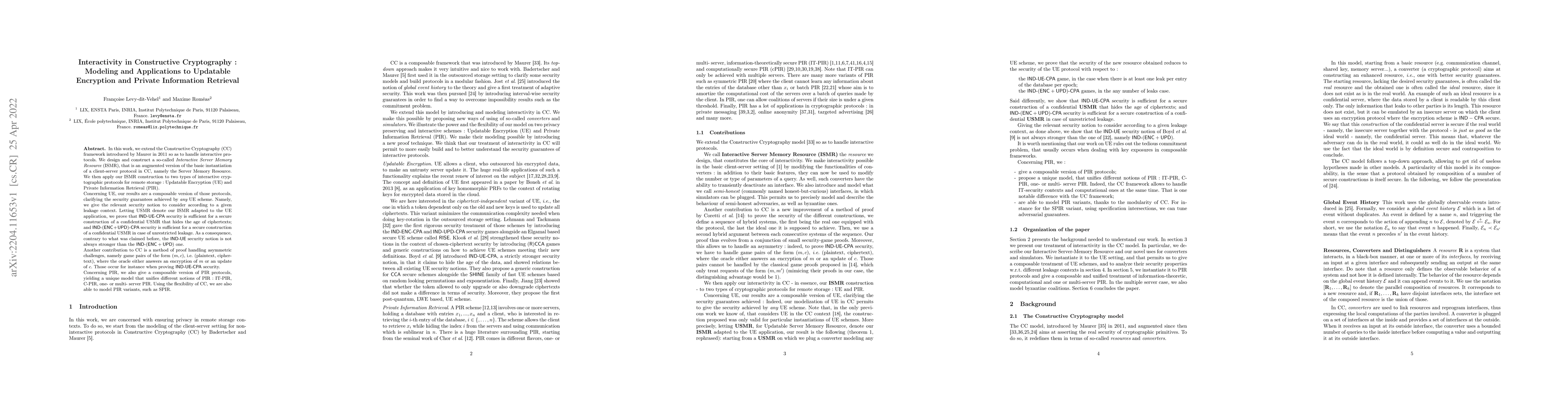 Thumbnail for Interactivity in Constructive Cryptography : Modeling and Applications
  to Updatable Encryption and Private Information Retrieval