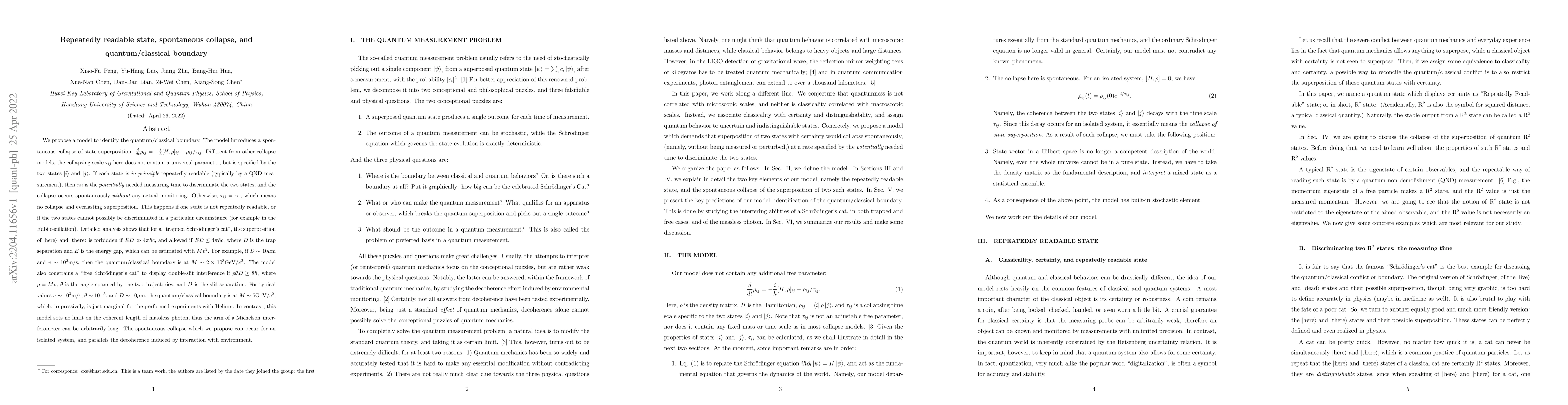 Thumbnail for Repeatedly readable state, spontaneous collapse, and quantum/classical
  boundary