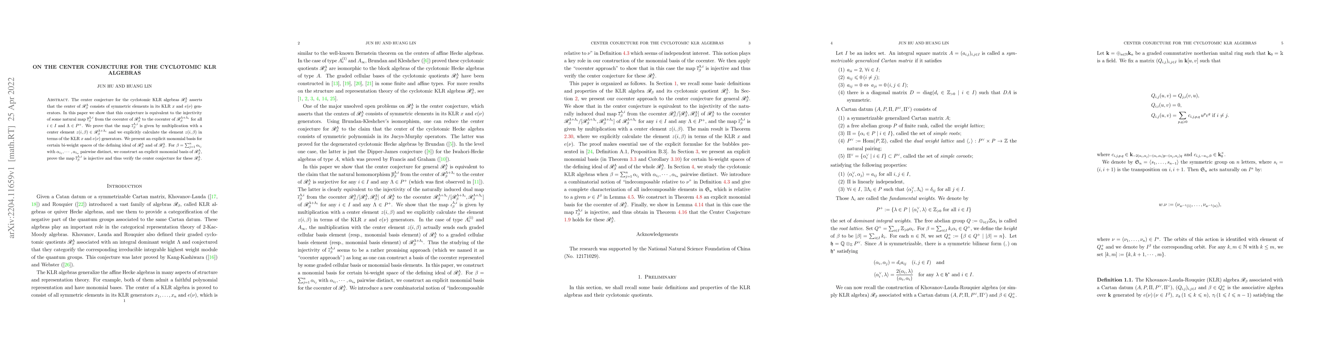 Thumbnail for On the center conjecture for the cyclotomic KLR algebras