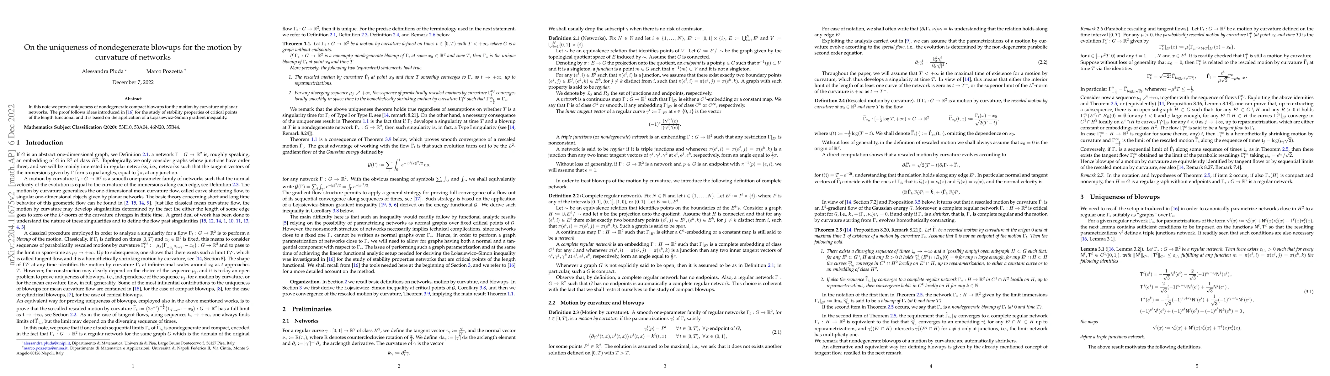 Thumbnail for On the uniqueness of nondegenerate blowups for the motion by curvature
  of networks