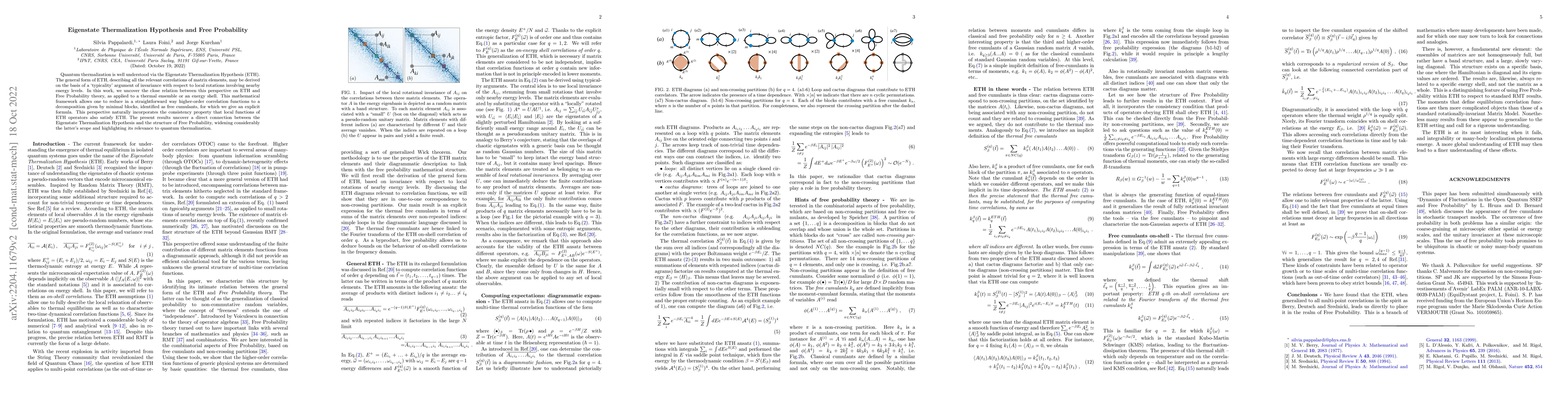 Thumbnail for Eigenstate Thermalization Hypothesis and Free Probability