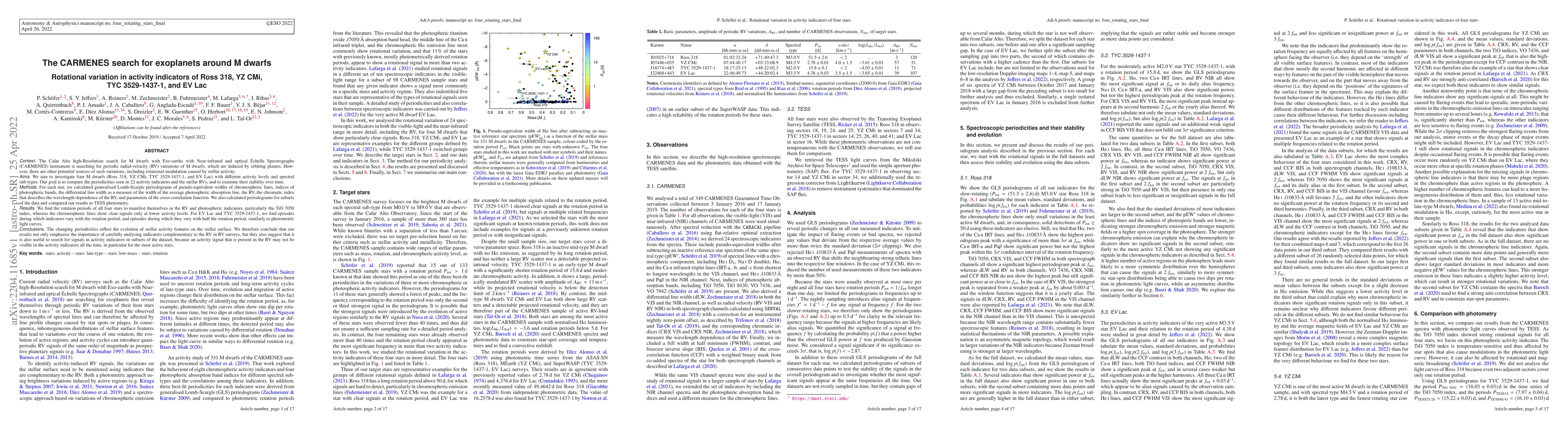 Thumbnail for The CARMENES search for exoplanets around M dwarfs. Rotational variation
  in activity indicators of Ross 318, YZ CMi, TYC 3529-1437-1, and EV Lac