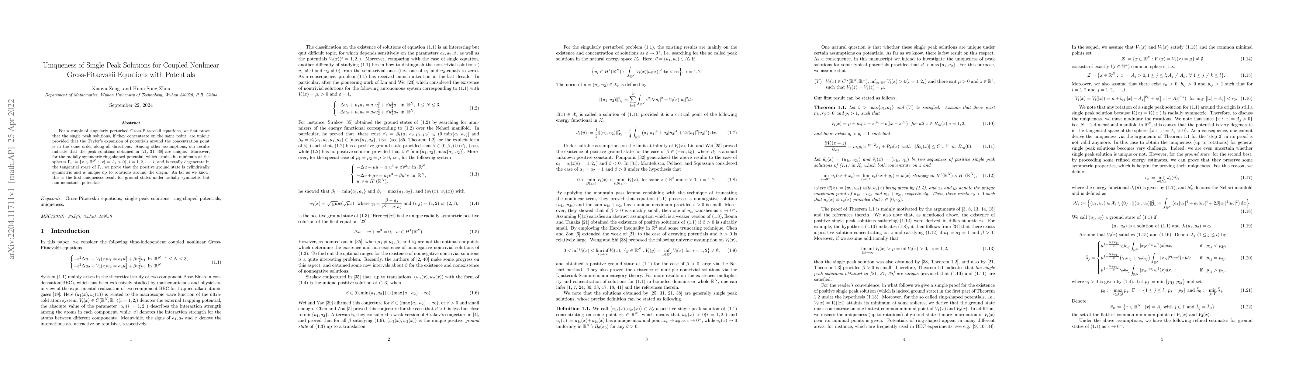 Thumbnail for Uniqueness of Single Peak Solutions for Coupled Nonlinear
  Gross-Pitaevskii Equations with Potentials