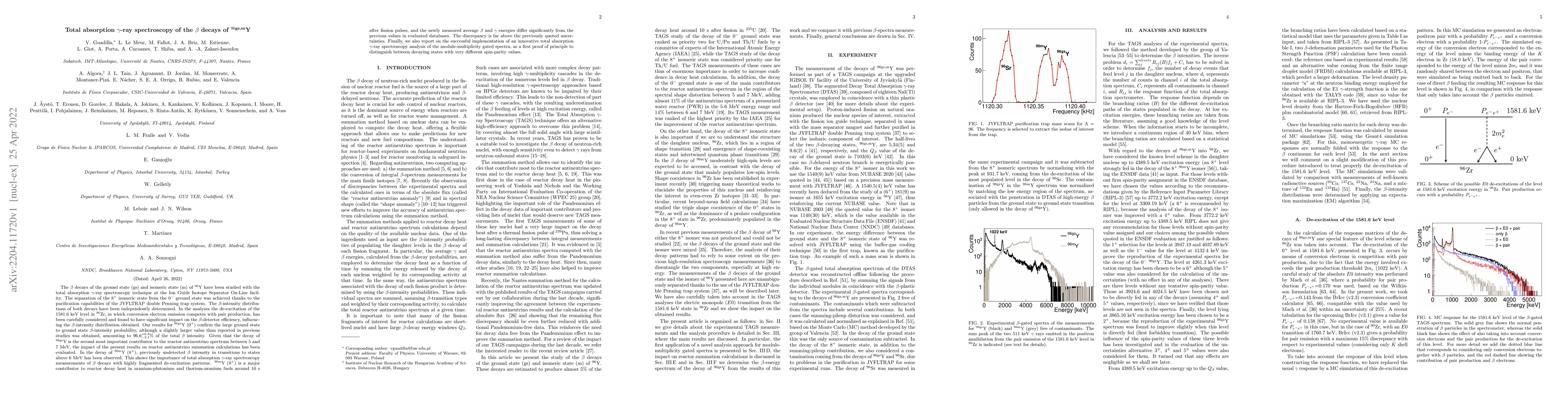 Thumbnail for Total absorption $\gamma$-ray spectroscopy of the $\beta$ decays of
  $^{96\text{gs,m}}$Y