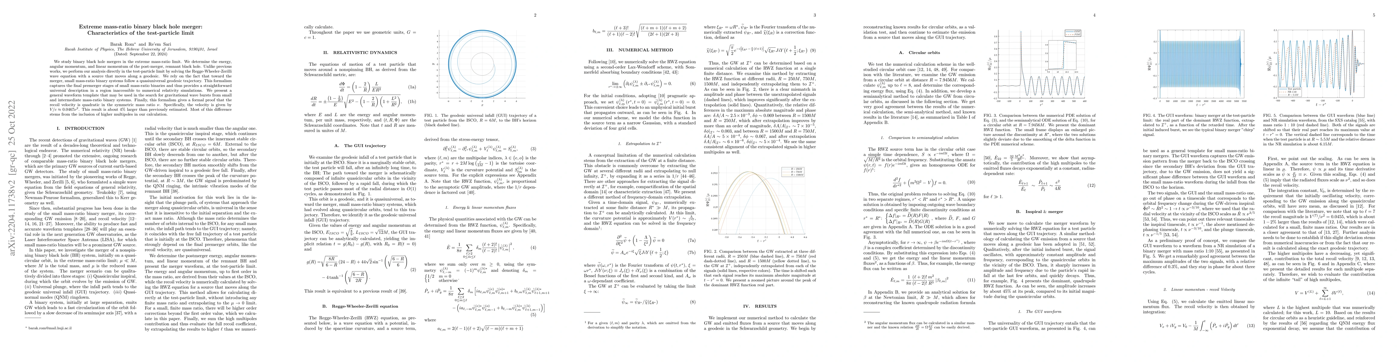 Thumbnail for Extreme Mass-Ratio Binary Black Hole Merger: Characteristics of the
  Test-Particle Limit