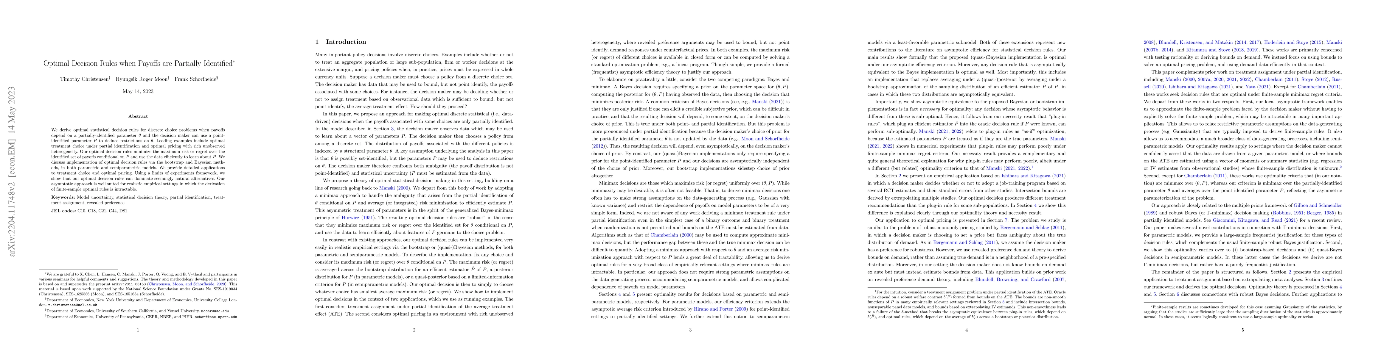 Thumbnail for Optimal Decision Rules when Payoffs are Partially Identified