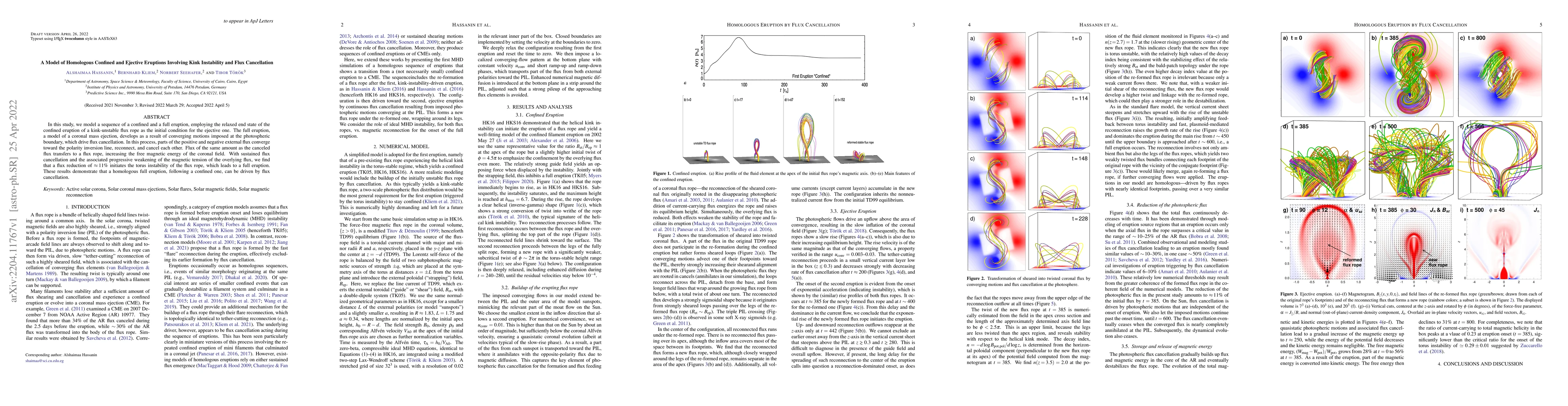 Thumbnail for A Model of Homologous Confined and Ejective Eruptions Involving Kink
  Instability and Flux Cancellation