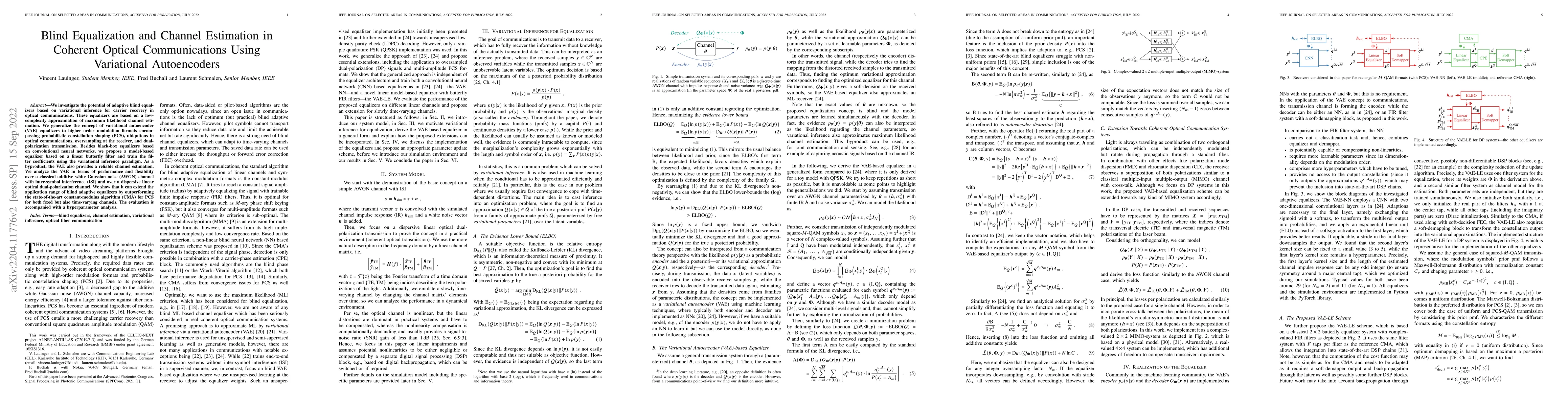 Thumbnail for Blind Equalization and Channel Estimation in Coherent Optical
  Communications Using Variational Autoencoders