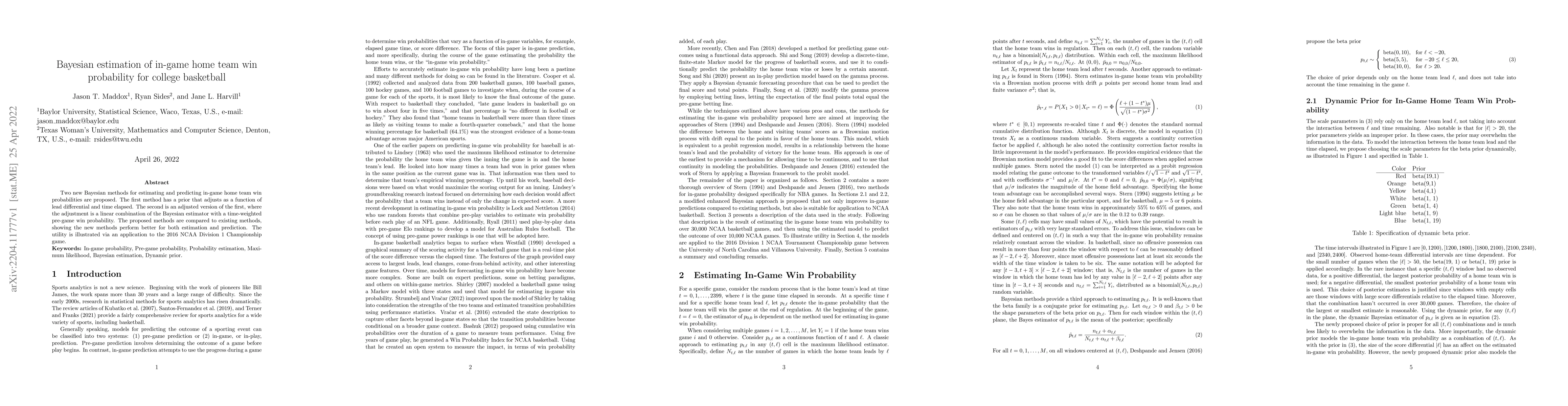 Thumbnail for Bayesian estimation of in-game home team win probability for college
  basketball