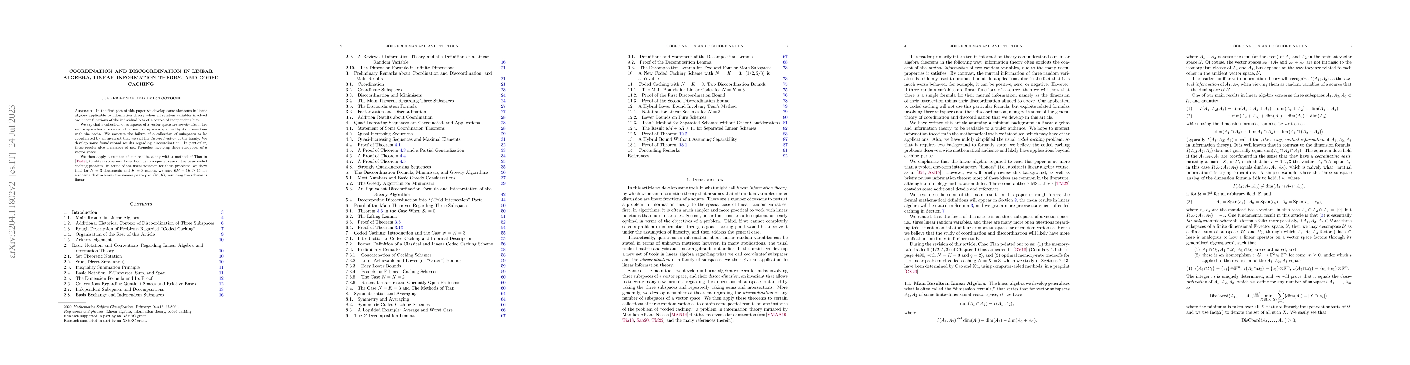 Thumbnail for Coordination and Discoordination in Linear Algebra, Linear Information
  Theory, and Coded Caching
