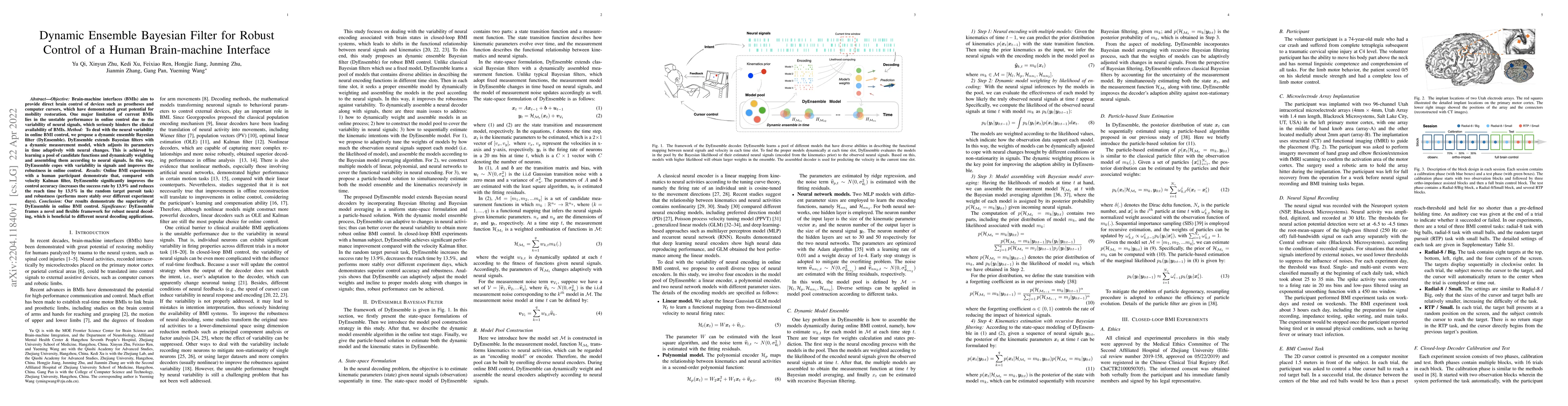 Thumbnail for Dynamic Ensemble Bayesian Filter for Robust Control of a Human
  Brain-machine Interface