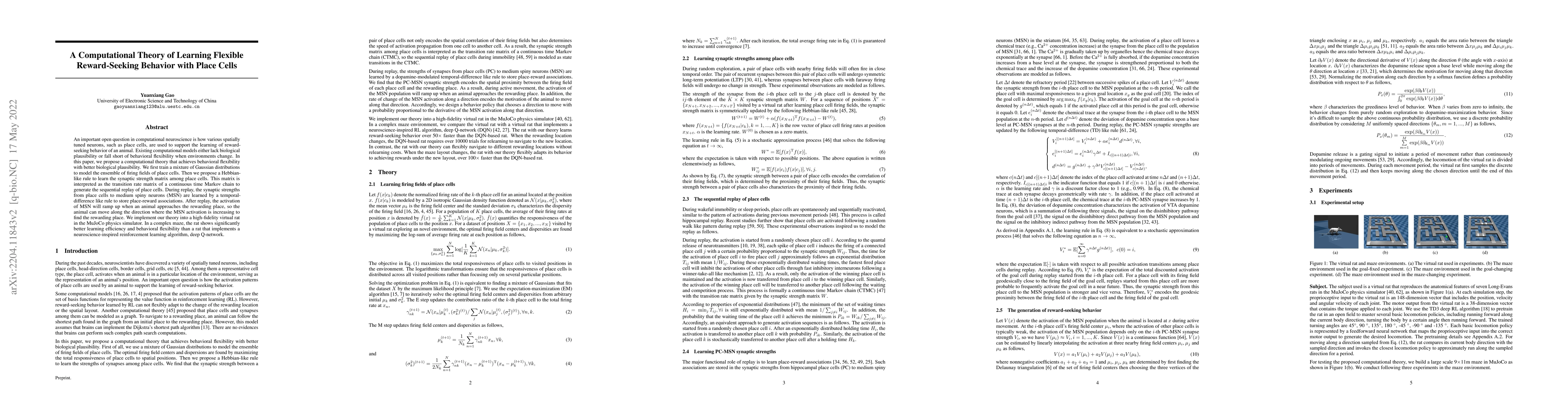 Thumbnail for A Computational Theory of Learning Flexible Reward-Seeking Behavior with
  Place Cells