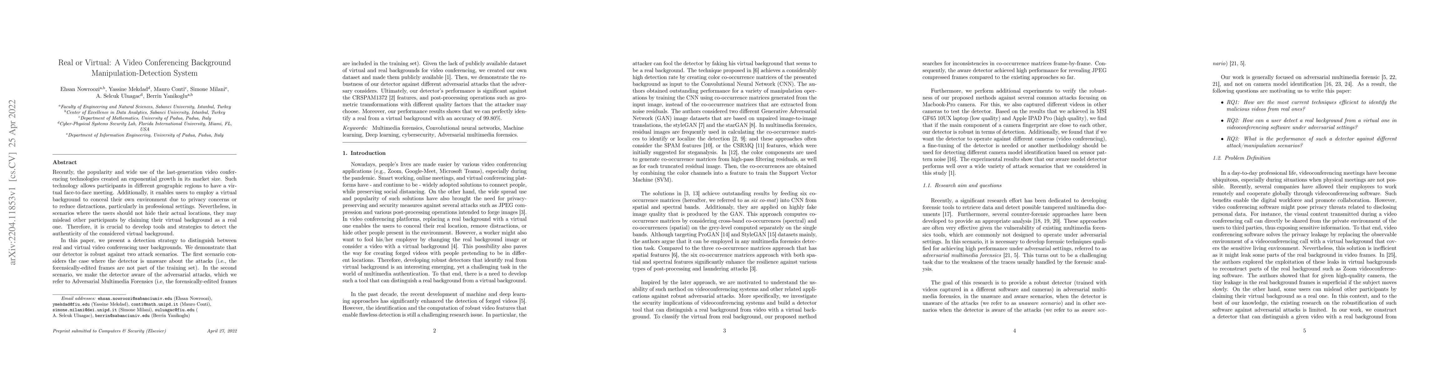 Thumbnail for Real or Virtual: A Video Conferencing Background Manipulation-Detection
  System