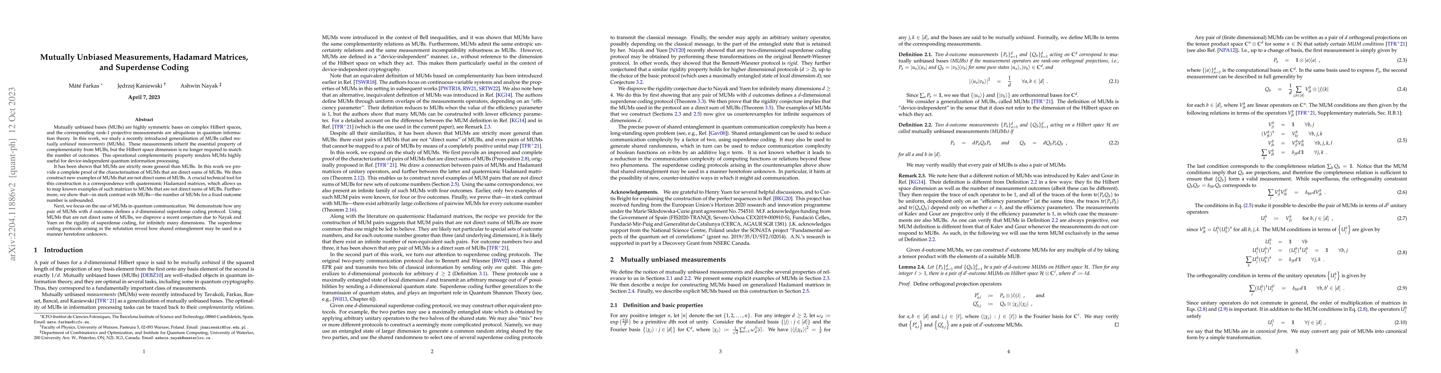 Thumbnail for Mutually Unbiased Measurements, Hadamard Matrices, and Superdense Coding