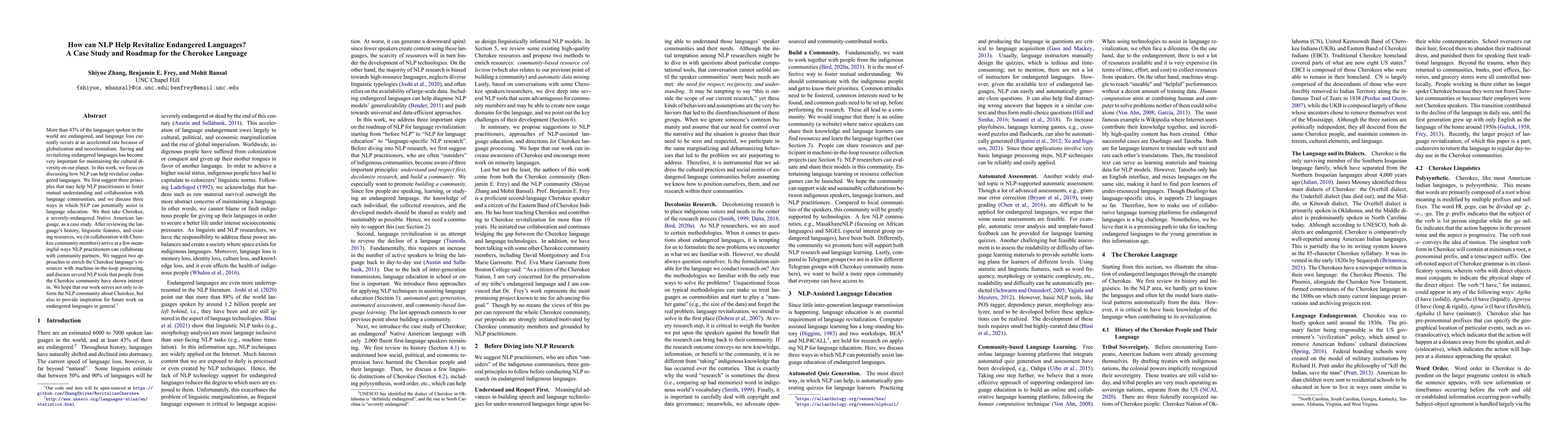 Thumbnail for How can NLP Help Revitalize Endangered Languages? A Case Study and
  Roadmap for the Cherokee Language