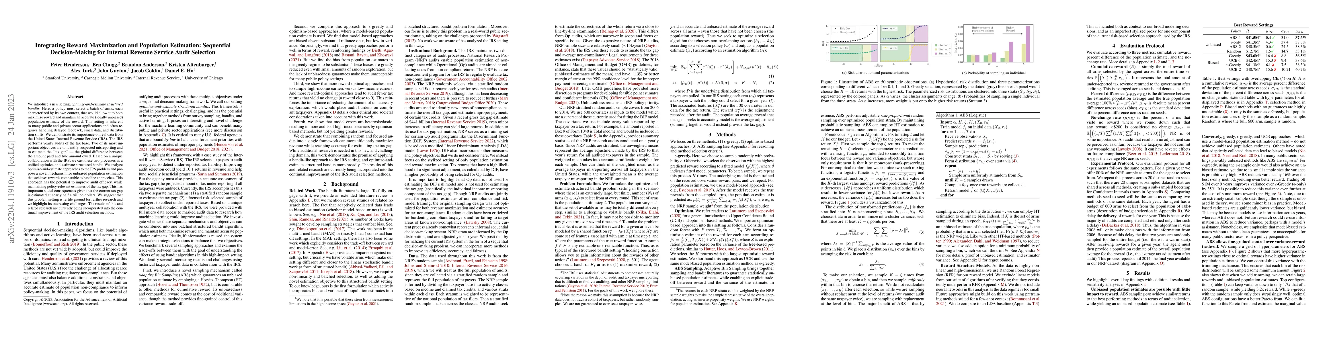 Thumbnail for Integrating Reward Maximization and Population Estimation: Sequential
  Decision-Making for Internal Revenue Service Audit Selection