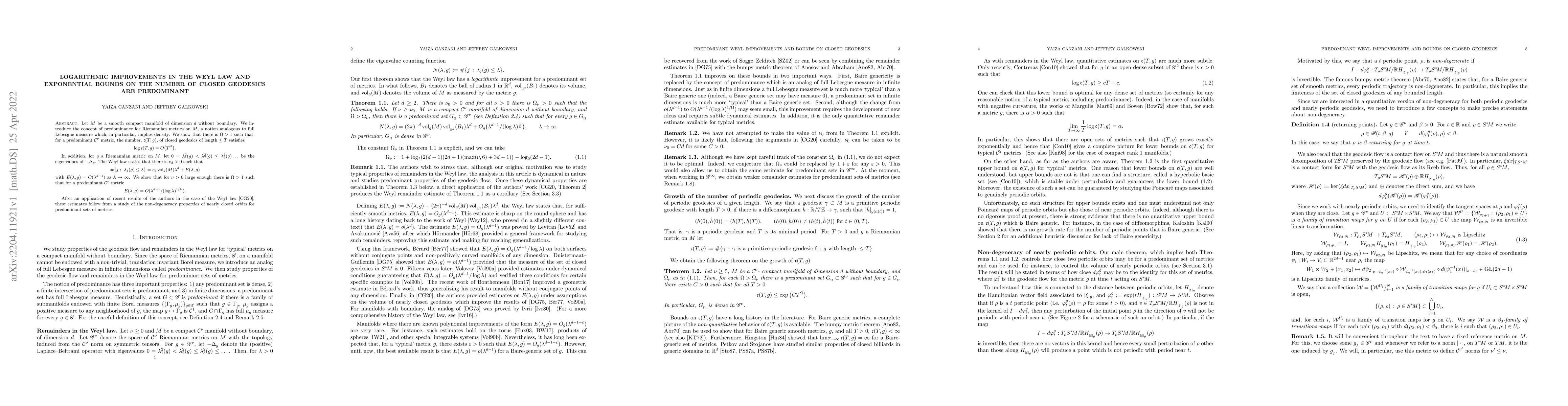 Thumbnail for Logarithmic improvements in the Weyl law and exponential bounds on the
  number of closed geodesics are predominant
