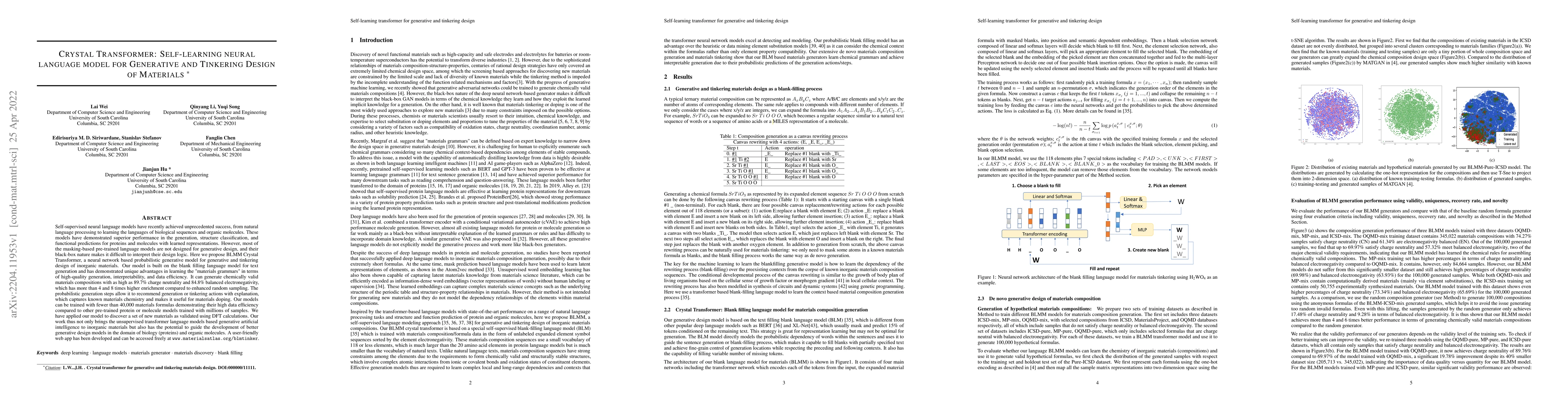 Thumbnail for Crystal Transformer: Self-learning neural language model for Generative
  and Tinkering Design of Materials