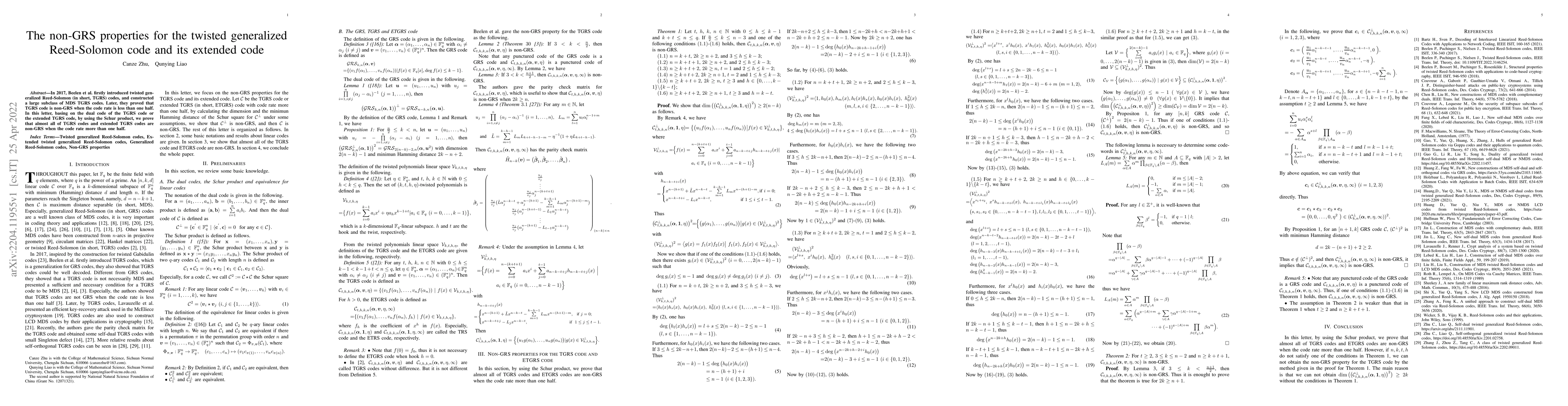 Thumbnail for The non-GRS properties for the twisted generalized Reed-Solomon code and
  its extended code