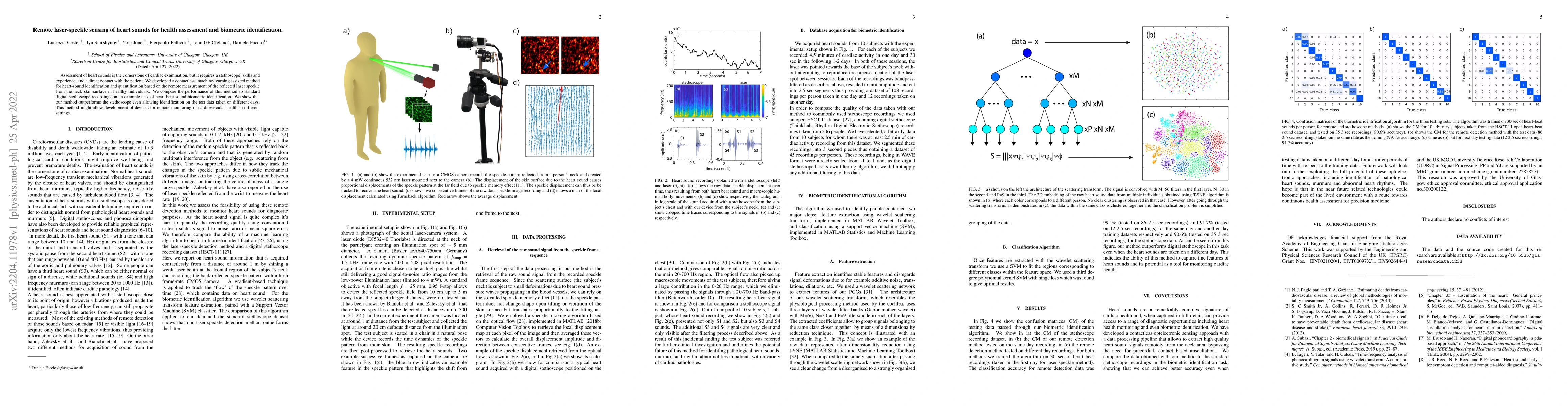 Thumbnail for Remote laser-speckle sensing of heart sounds for health assessment and
  biometric identification