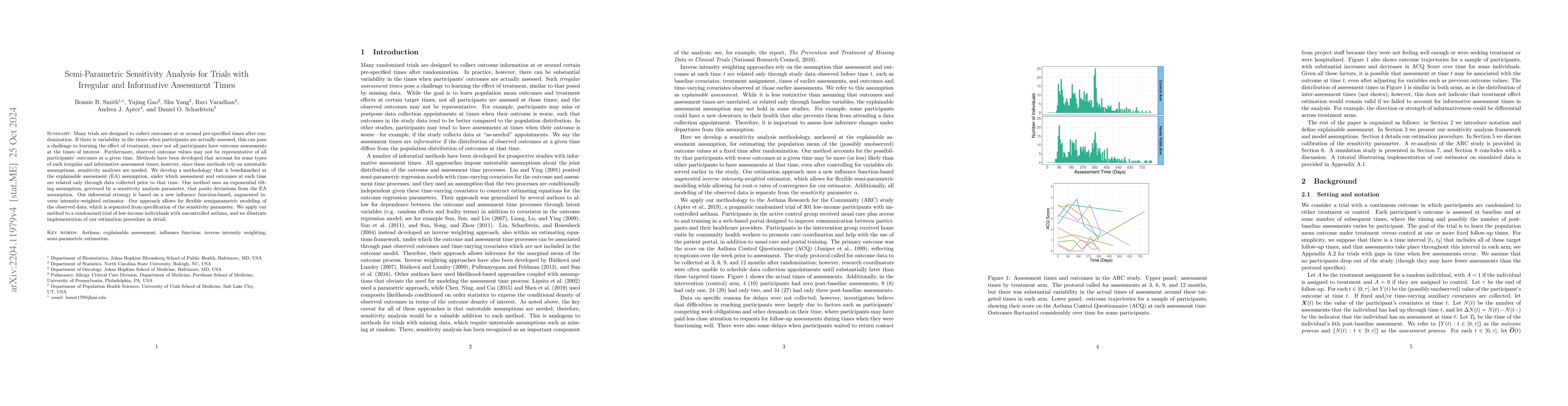 Thumbnail for Semi-Parametric Sensitivity Analysis for Trials with Irregular and
  Informative Assessment Times