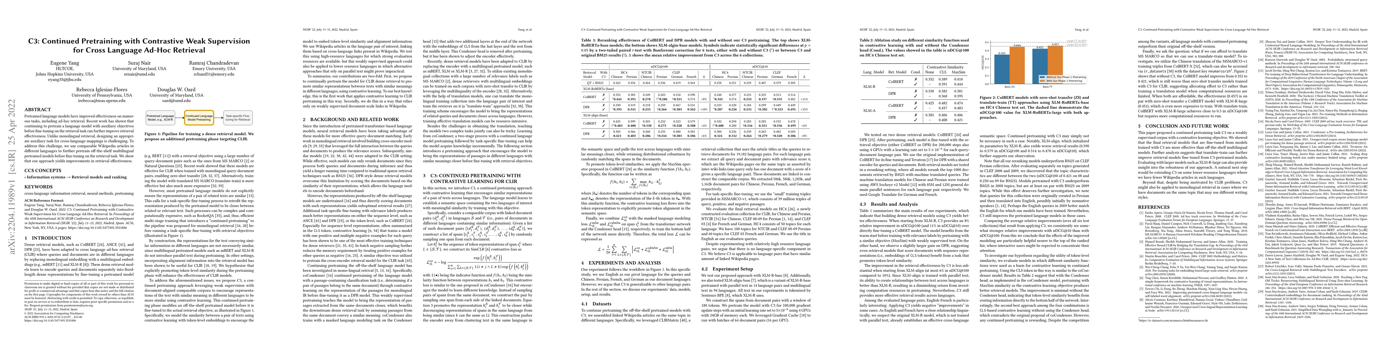 Thumbnail for C3: Continued Pretraining with Contrastive Weak Supervision for Cross
  Language Ad-Hoc Retrieval