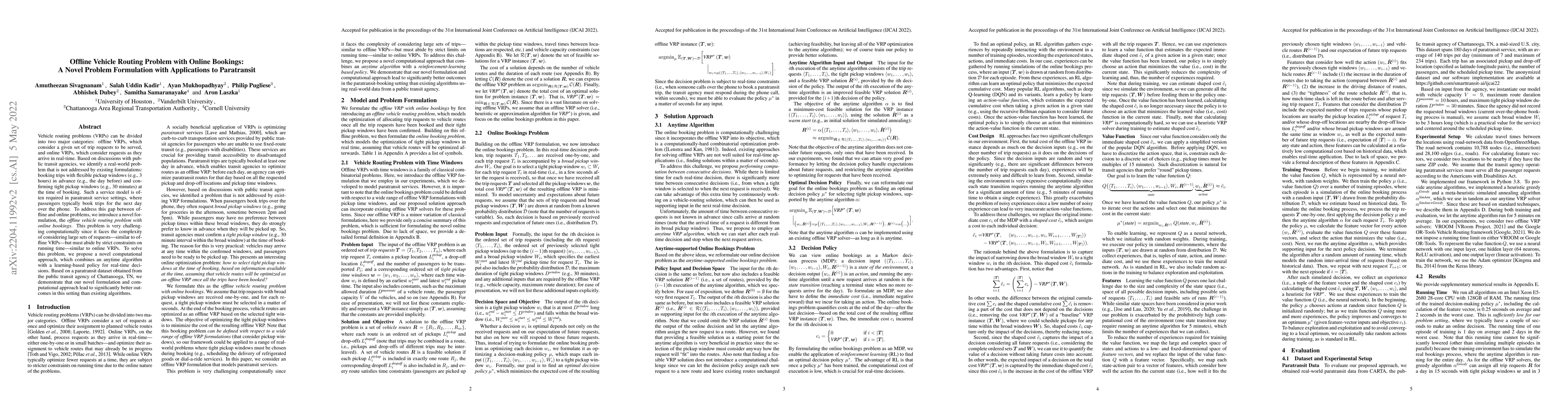 Thumbnail for Offline Vehicle Routing Problem with Online Bookings: A Novel Problem
  Formulation with Applications to Paratransit