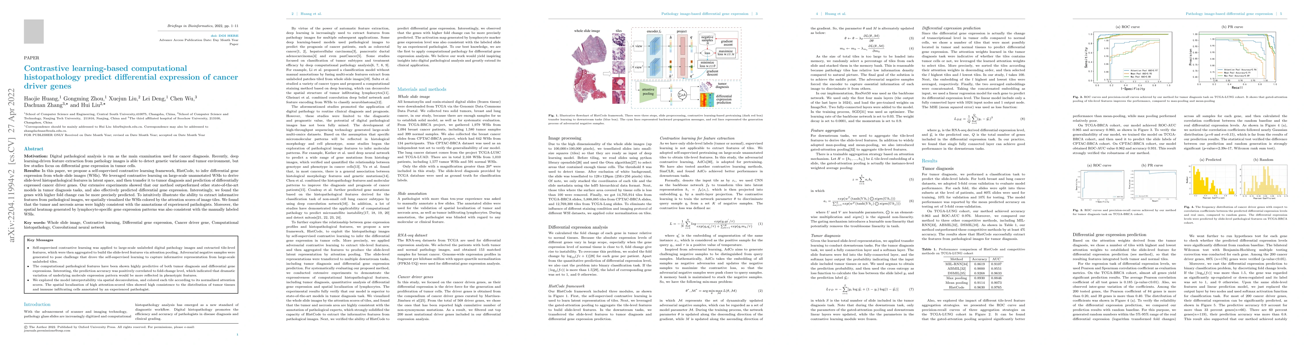 Thumbnail for Contrastive learning-based computational histopathology predict
  differential expression of cancer driver genes