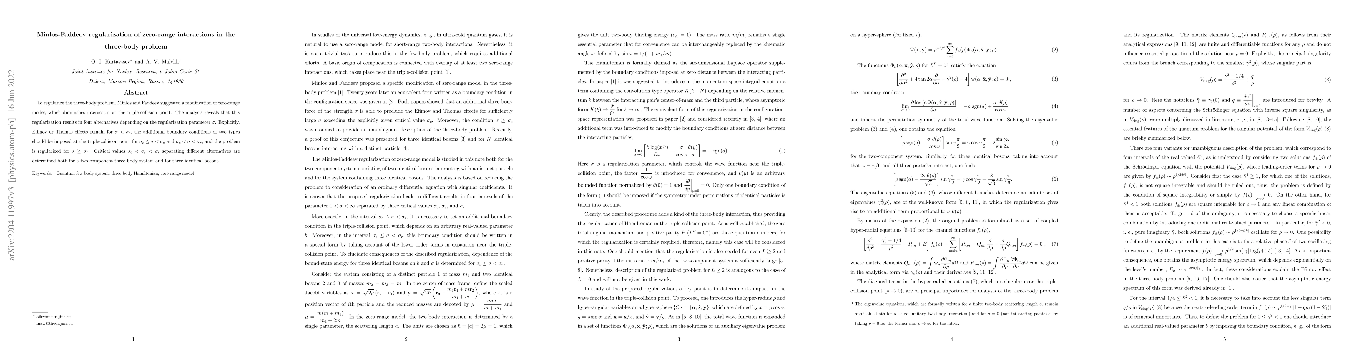 Thumbnail for Minlos-Faddeev regularization of zero-range interactions in the
  three-body problem