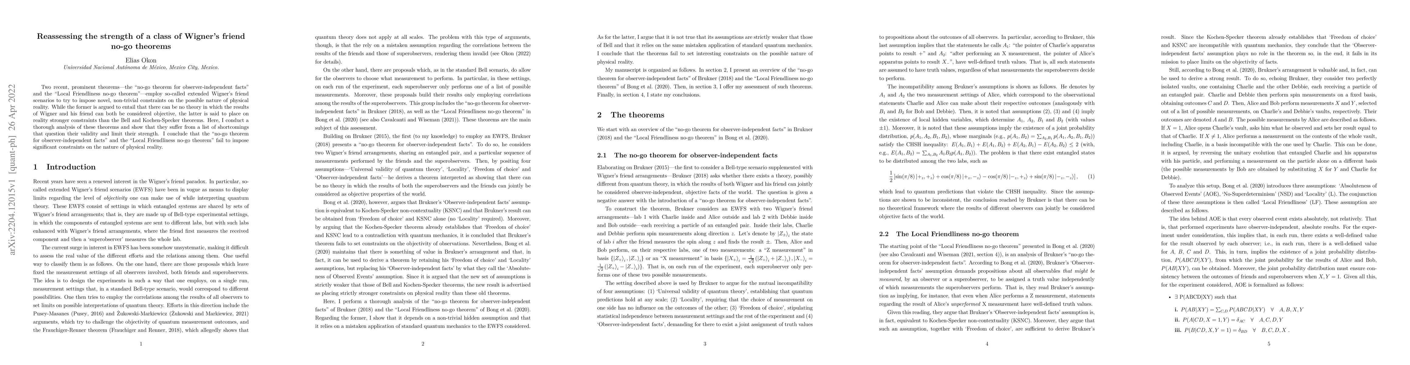 Thumbnail for Reassessing the strength of a class of Wigner's friend no-go theorems