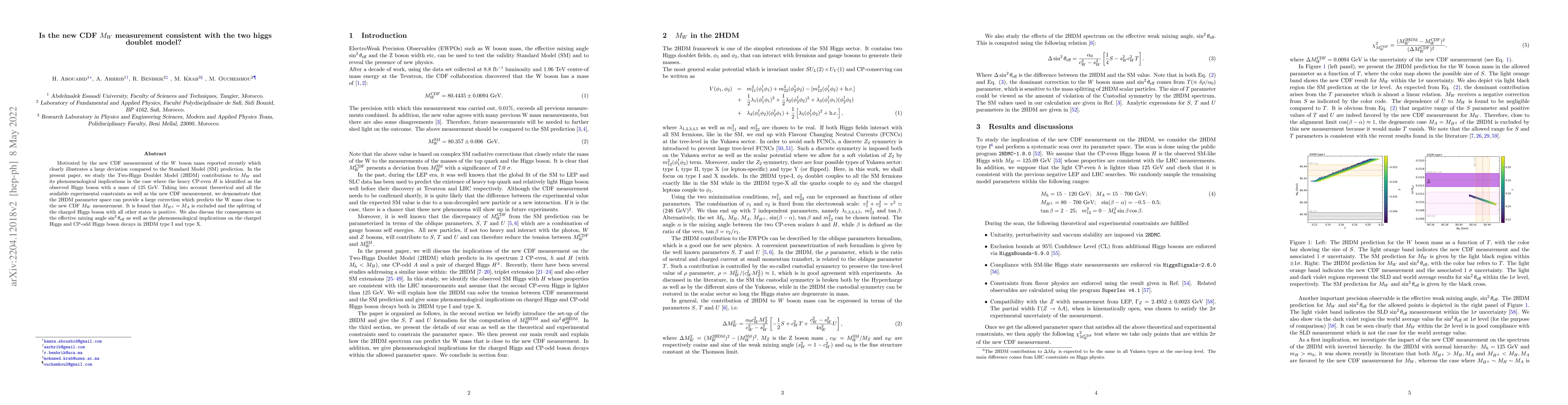 Thumbnail for Is the new CDF $M_W$ measurement consistent with the two higgs doublet
  model?