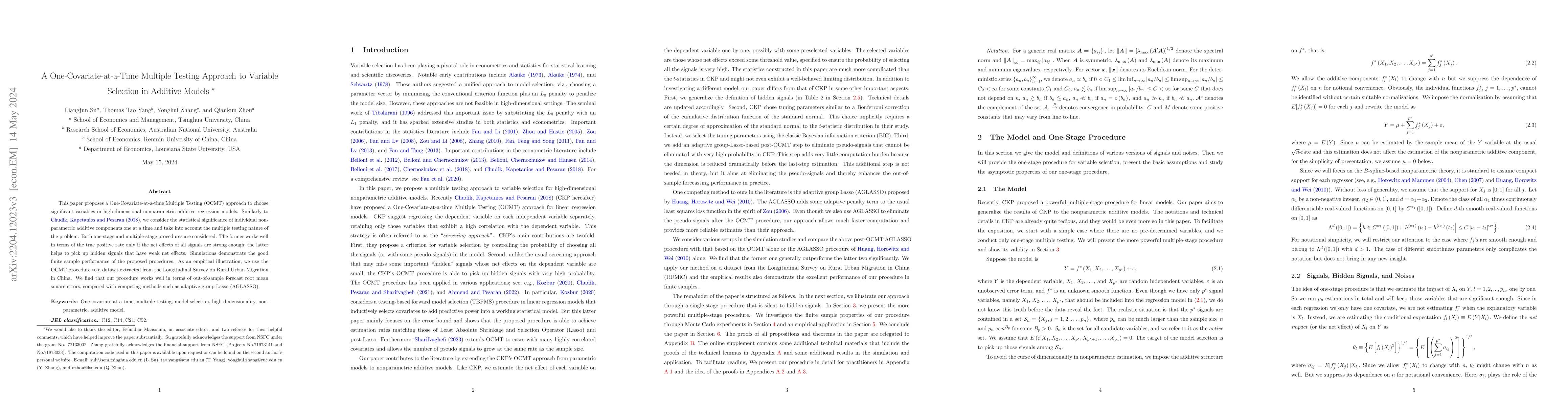 Thumbnail for A One-Covariate-at-a-Time Method for Nonparametric Additive Models