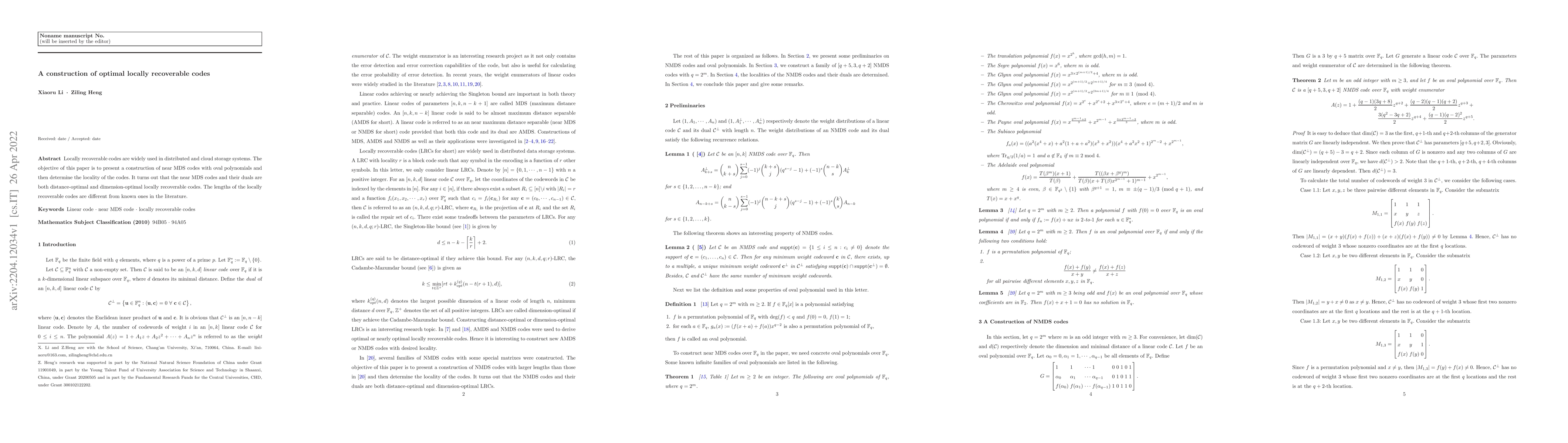 Thumbnail for A construction of optimal locally recoverable codes