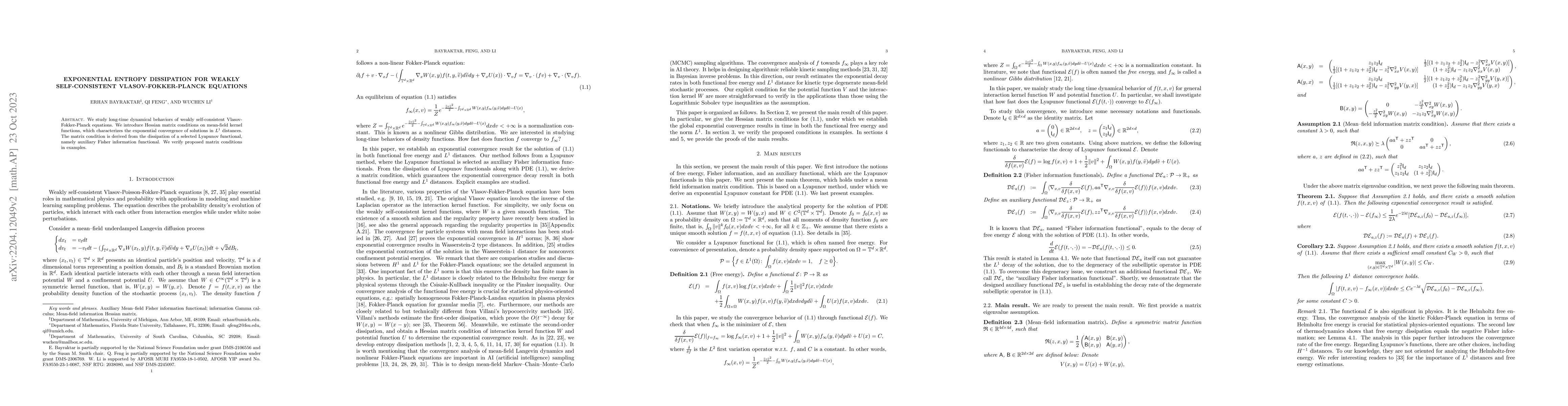 Thumbnail for Exponential Entropy dissipation for weakly self-consistent
  Vlasov-Fokker-Planck equations