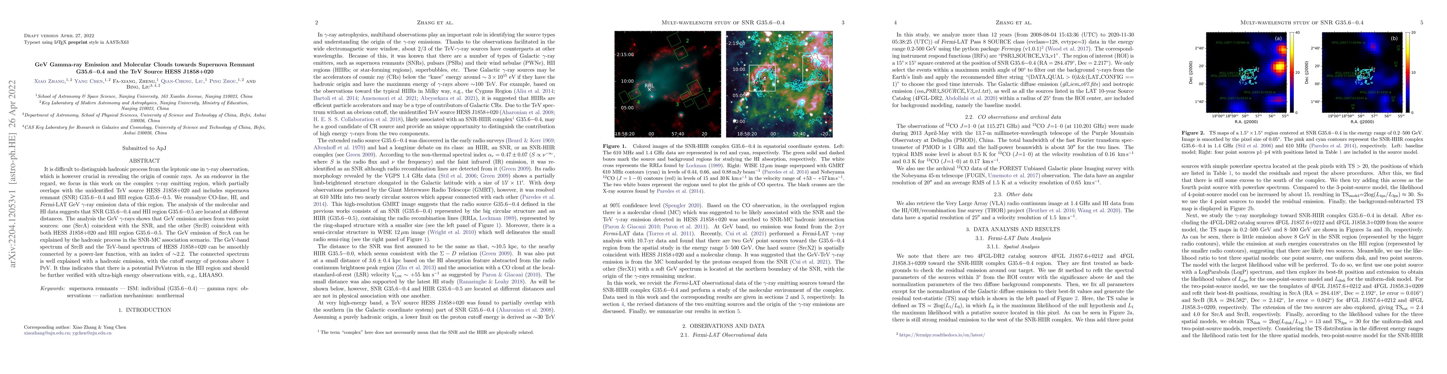 Thumbnail for GeV Gamma-ray Emission and Molecular Clouds towards Supernova Remnant
  G35.6$-$0.4 and the TeV Source HESS J1858+020